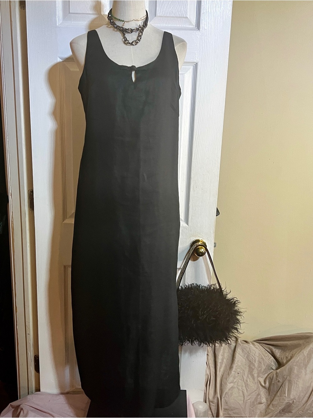 Jams World Vtg‎ 90s Wms Blk Linen Knot Side Slit Tank Boho Casual Midi Dress M - Picture 3 of 12